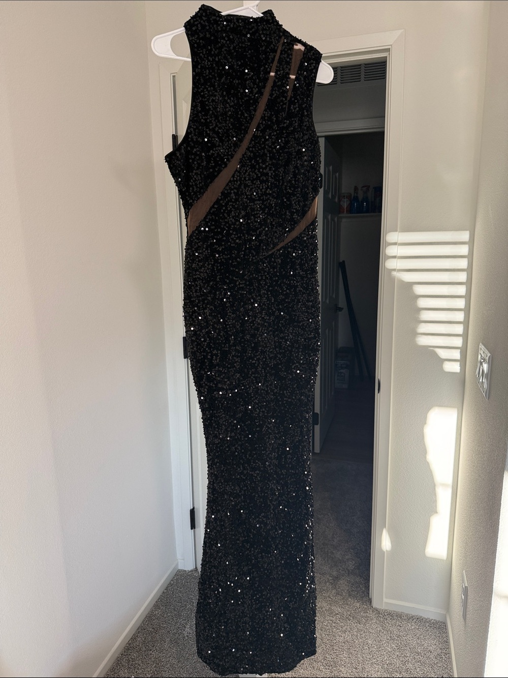 Black Sequin Maxi Dress with Sheer Insets